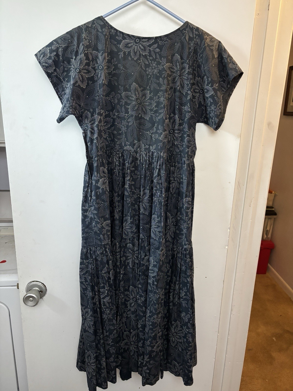 Cacharel Vintage Paris Floral Navy Gray Fit & Flare Pockets Cotton Midi Dress 40