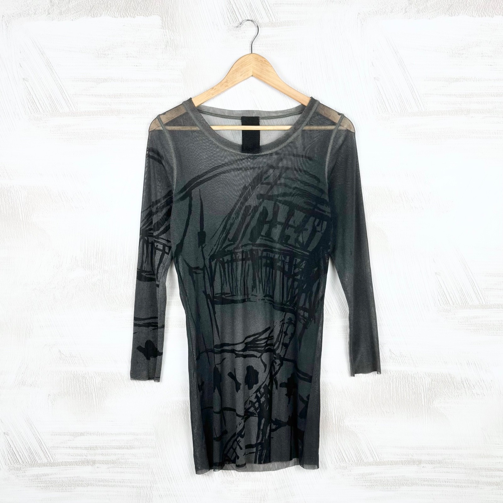 Rundholz Women’s Avant Garde Lagenlook Mesh Printed Gray Black Tunic Dress M-L