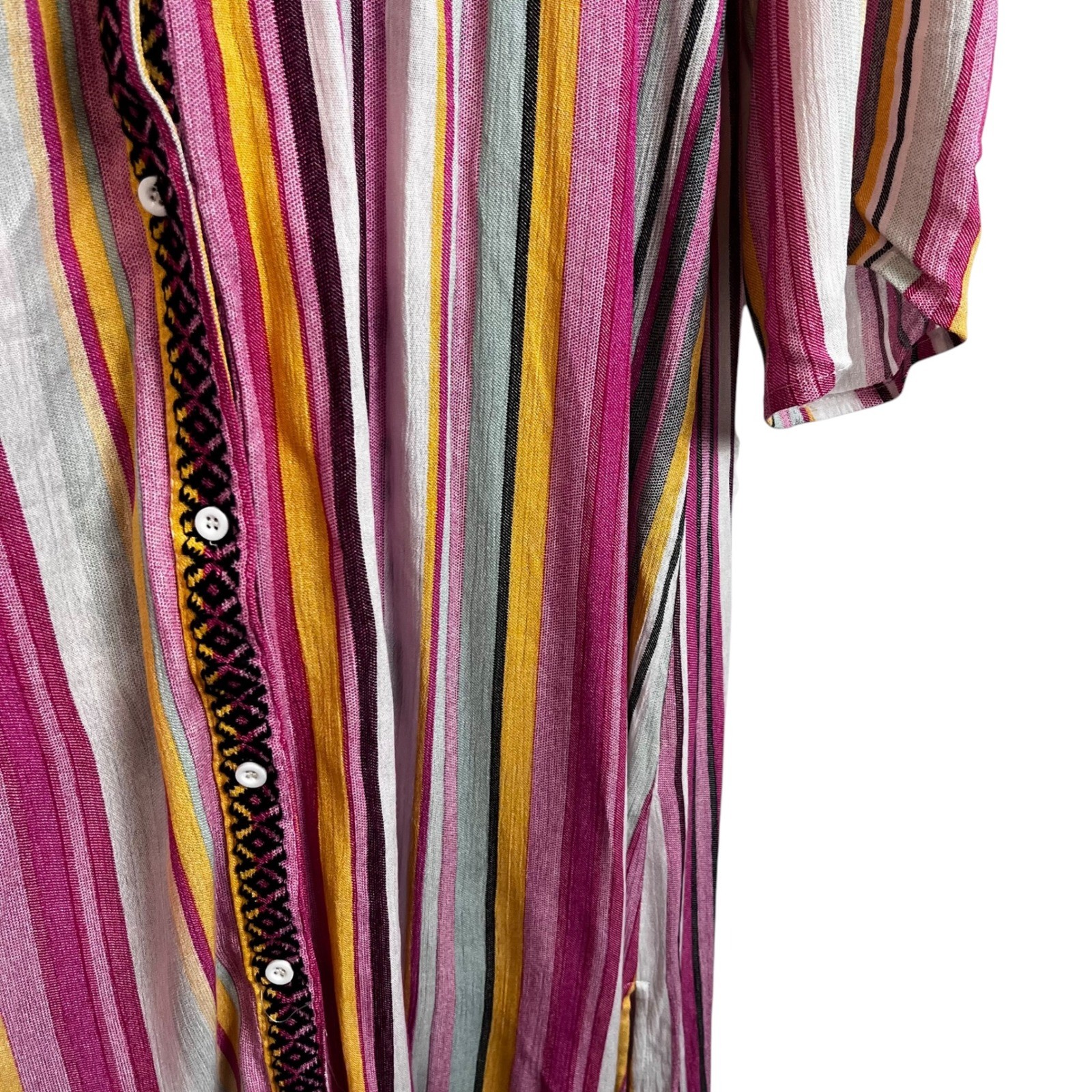 Savanna Jane XL Striped Embroidered Maxi Shirt Dress Pink Yellow Boho M93084