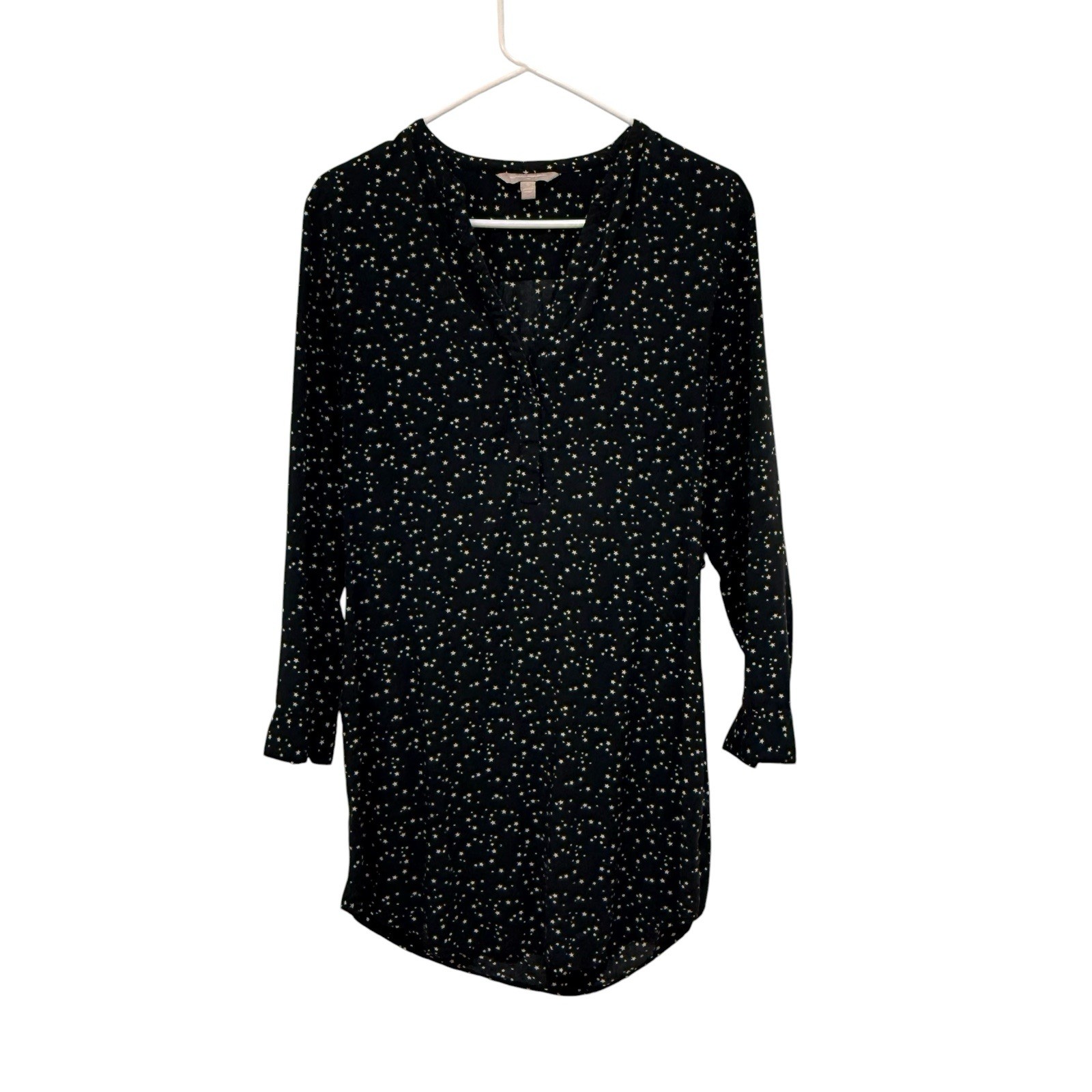 Black Shirt Dress/ Long Tunic Star Print Mini Celestial Preppy 6 ***flaw ***