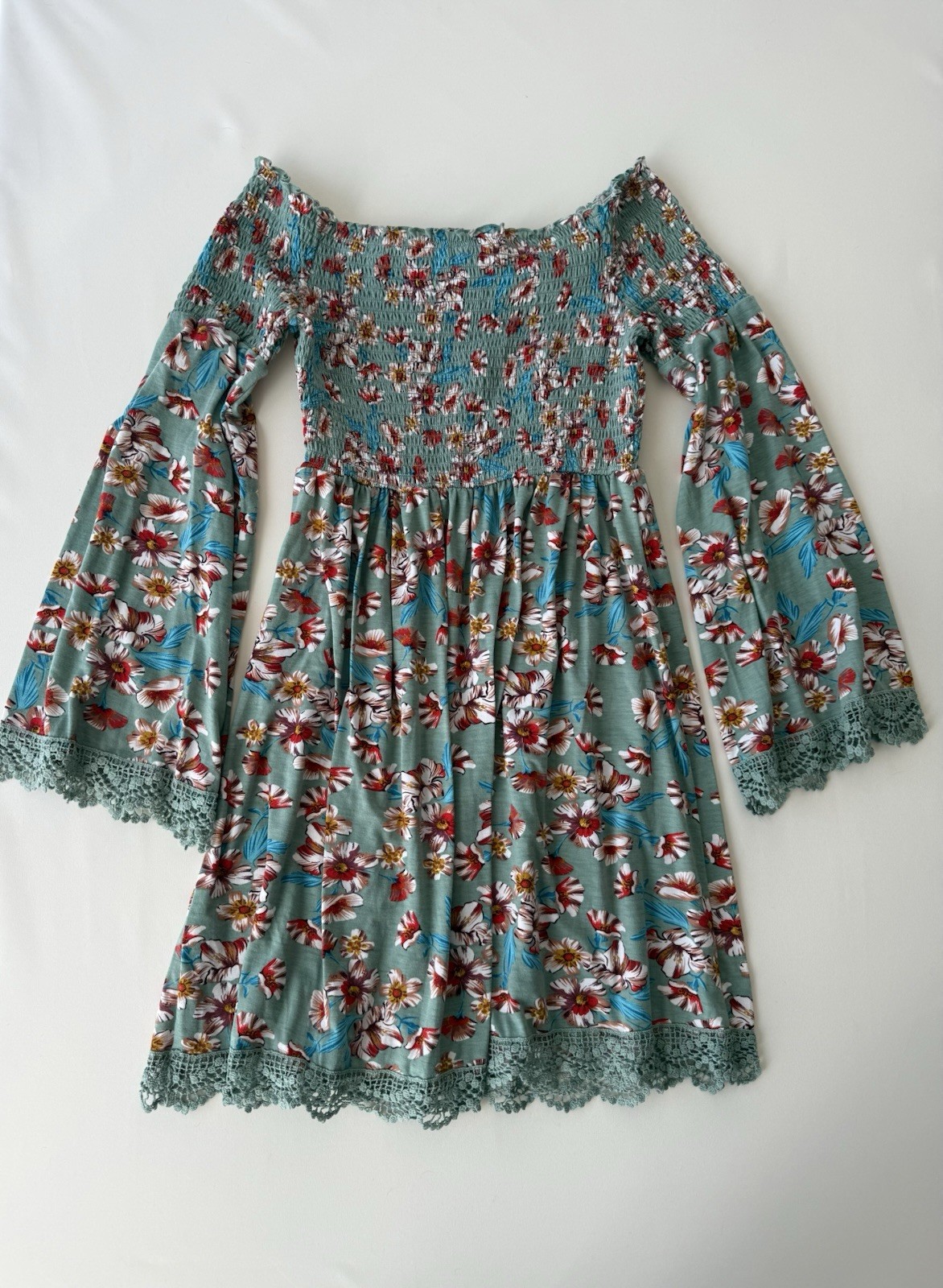 Xhilaration Floral Off Shoulder Bell Sleeve Mini Dress Boho Lace Trim Medium