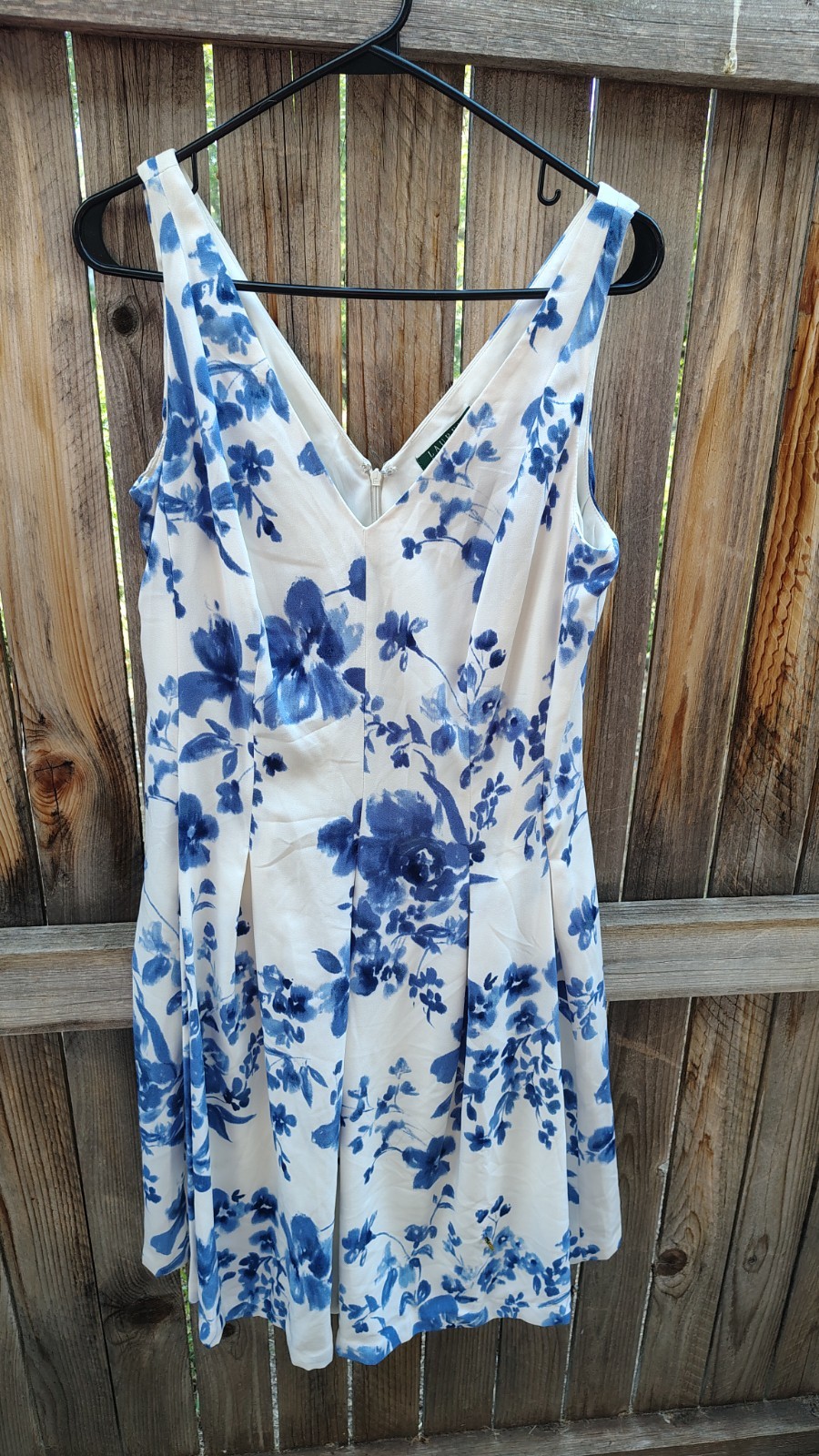 LAUREN RALPH LAUREN Size 12 A-Line Dress Blue and White Floral Sleeveless