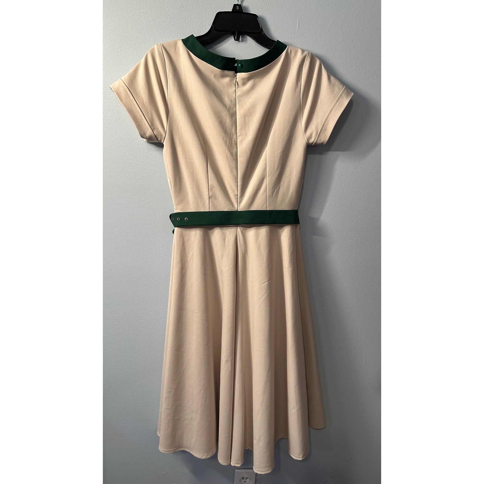 Vintage Style Beige Green Bird Fit Flare Belted Midi Dress Womens Small