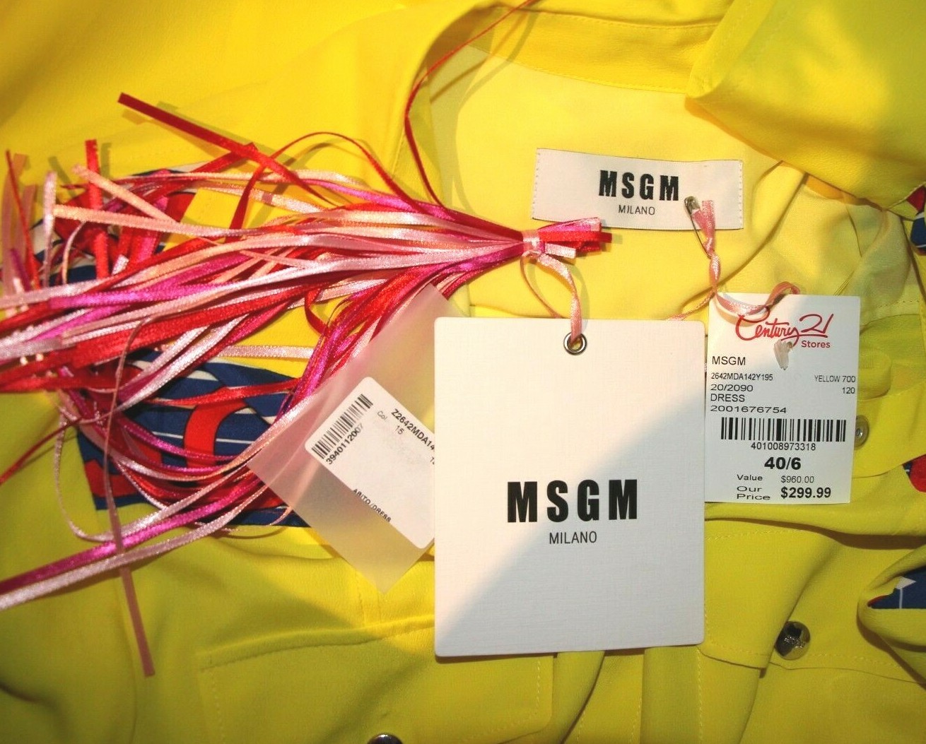 MSGM Yellow Chiffon Logo Snaps Shirt Dress sz US 6 / IT 40 $960 Made in Italy