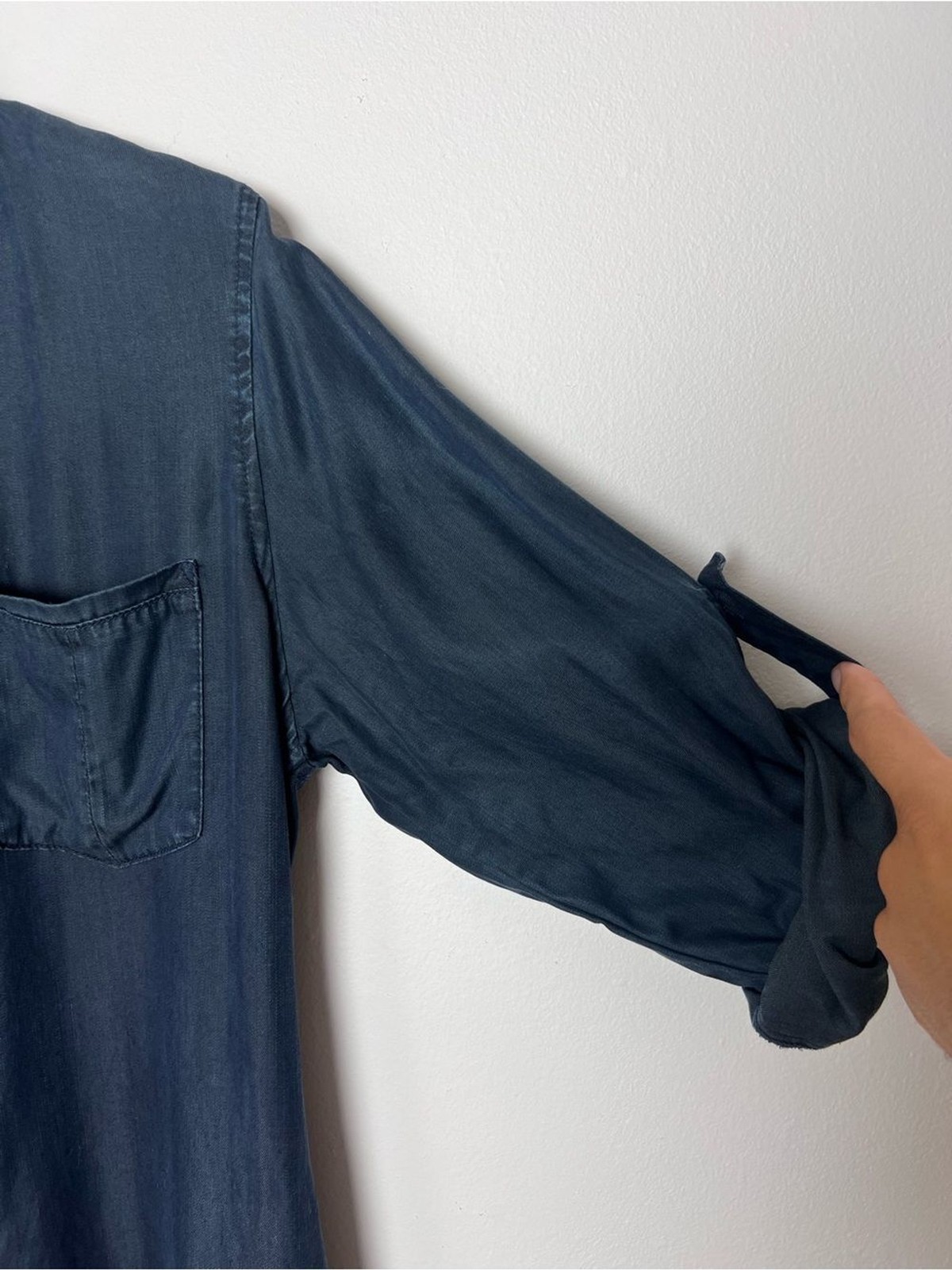 Velvet Heart Medium Tencel Chambray Shirt Dress Roll Tab Sleeve Blue Lyocell