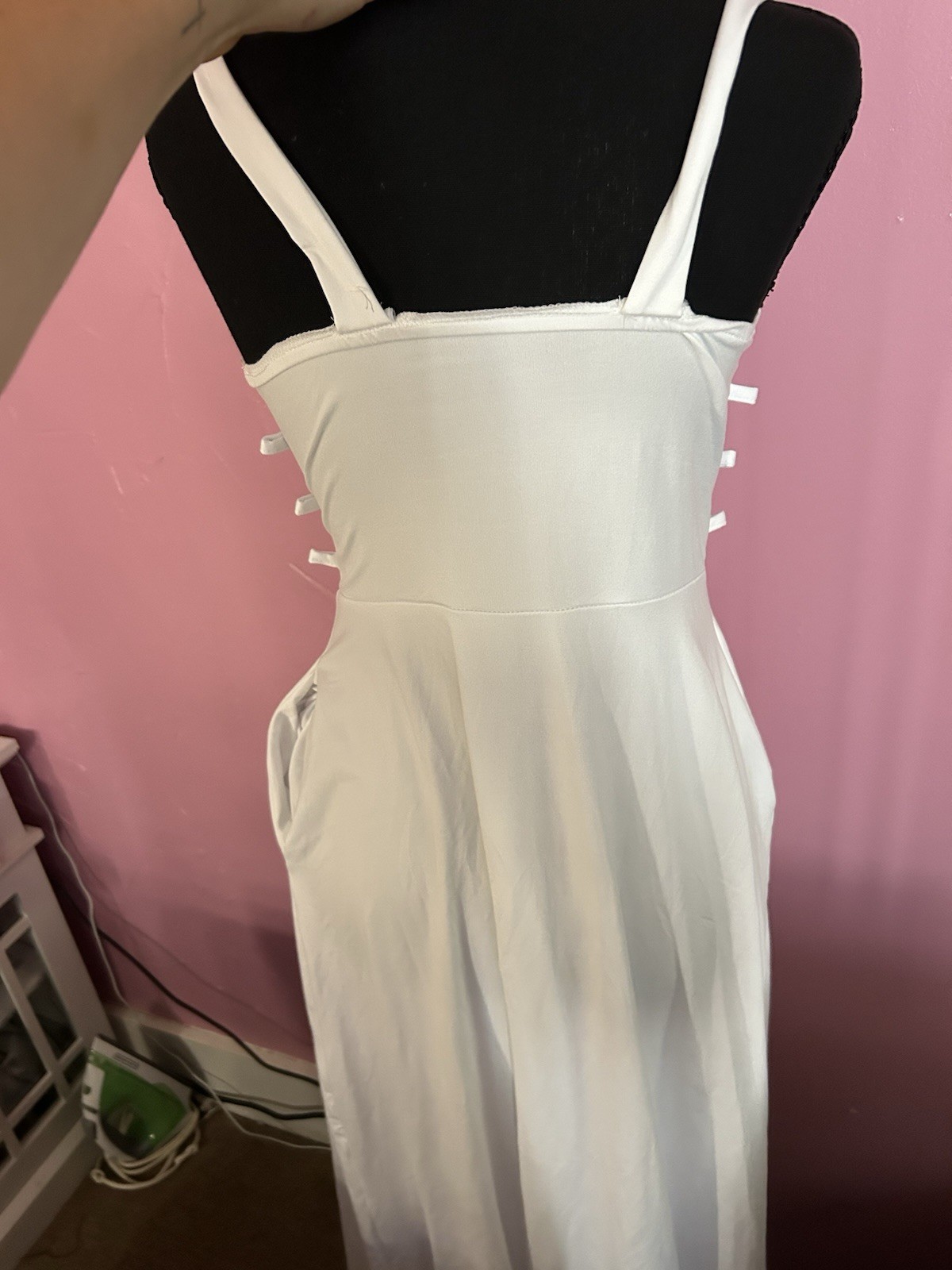 White Square Neck Strappy Lace-Up Stretch Knit Maxi Dress, S