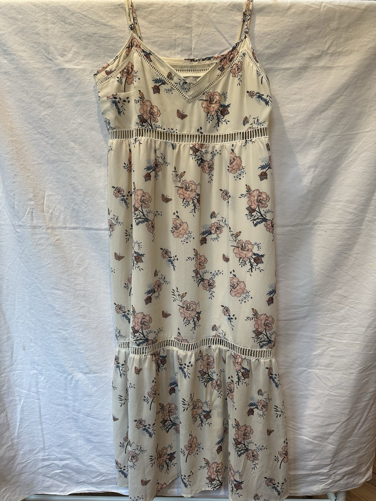 Abercrombie & Fitch White Floral Maxi Dress Tiered Sheer Cutouts Size L Zipper