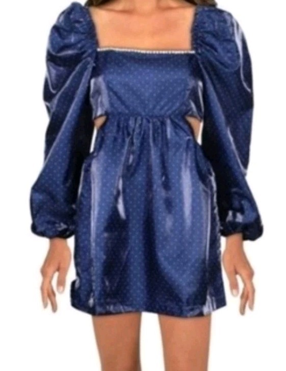 Danielle Bernstein Party Mini Dress Women’s Size 10 Shiny Puff Sleeve Navy