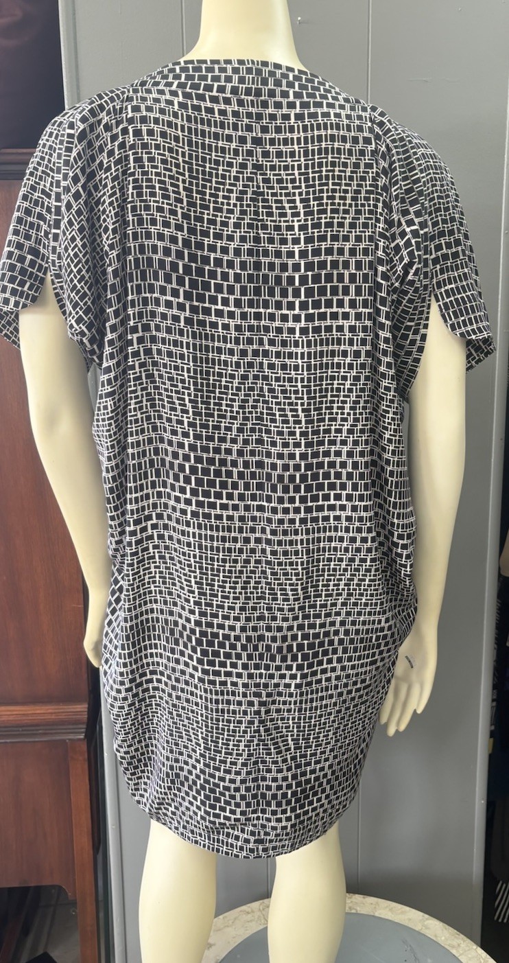 Vince Black White Ladder Print V-Neck 100% Silk Tunic Dress Oversized Size XS