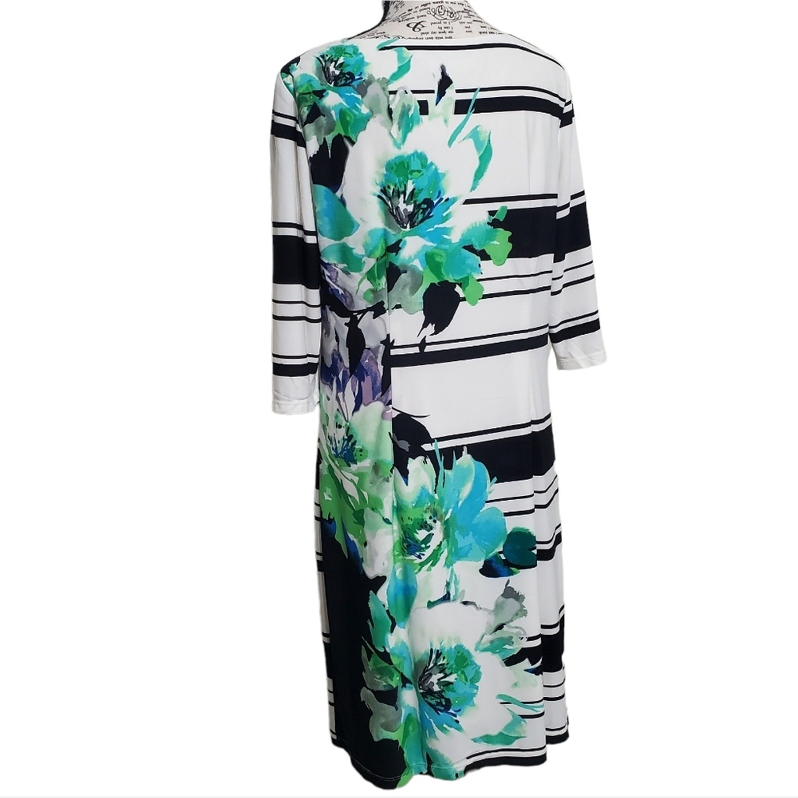 Studio One New York Cream & Black Striped Green Floral Print Midi Dress Medium