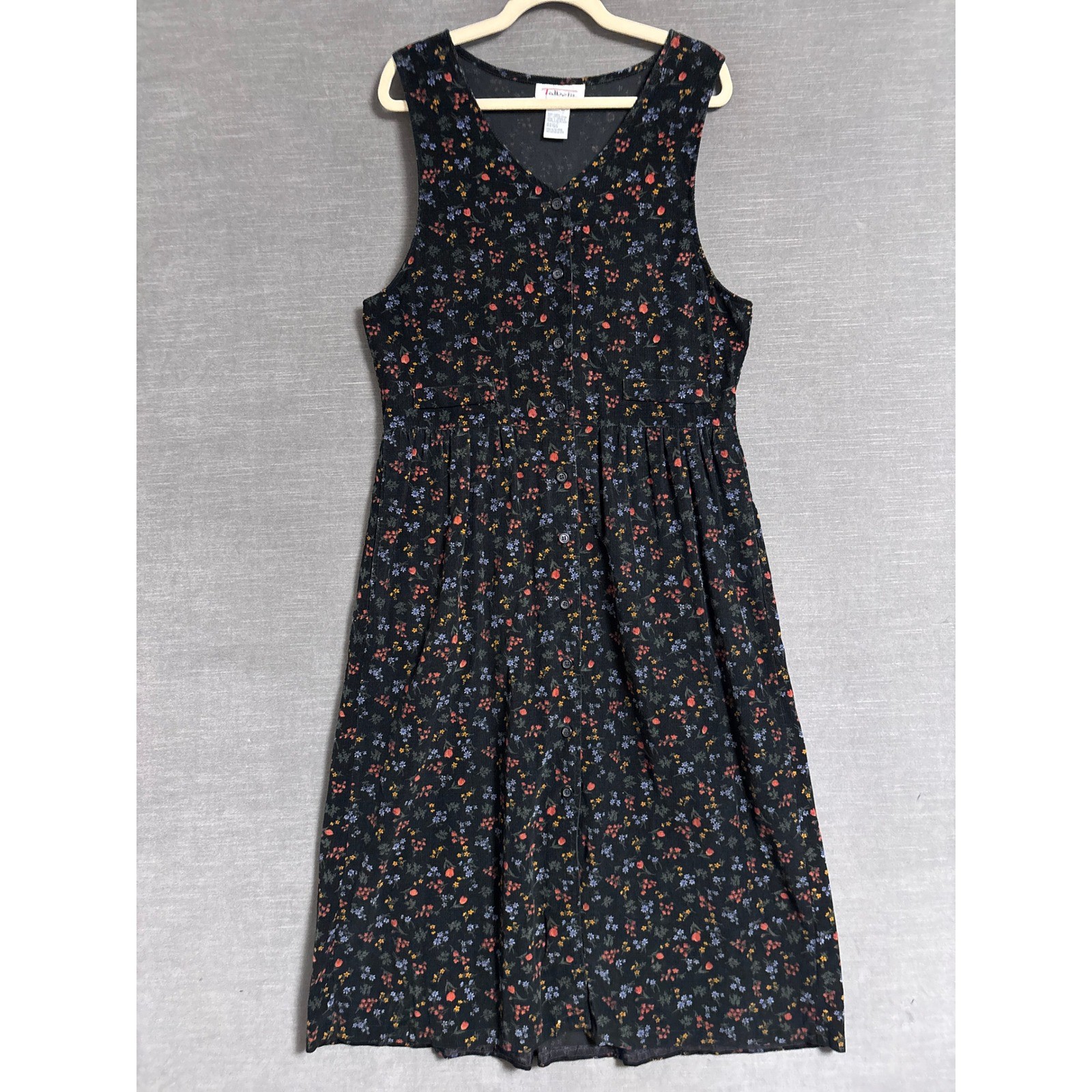 Vintage Talbots Jumper Dress 12 Black Floral Corduroy Overall Midi Cottage