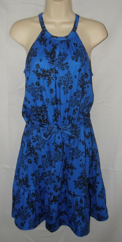 NEW Blue Floral Sz Medium Stretchy Sleeveless Belted Knee Length Dress Pockets