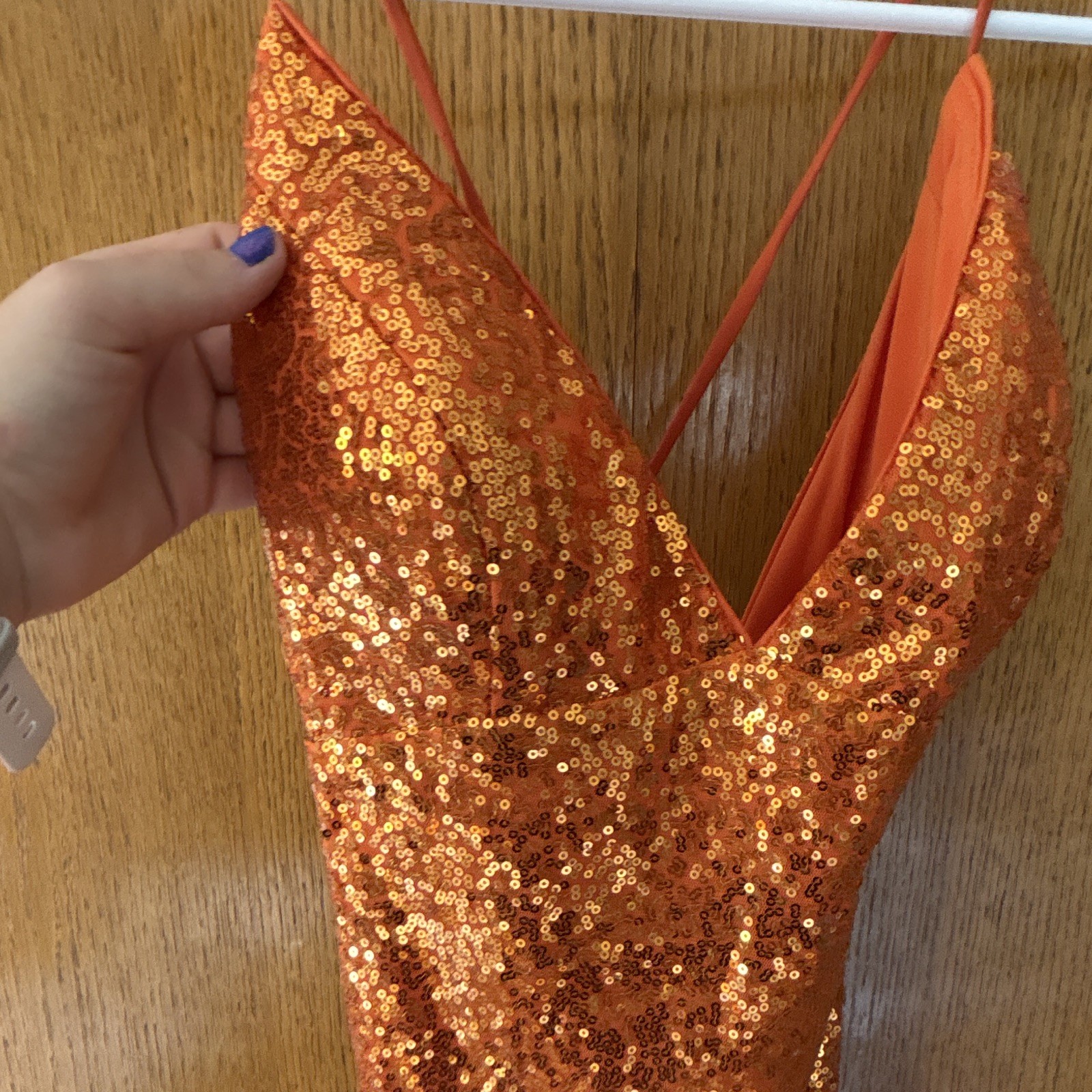 Orange Sequin V-Neck Lace-Up Open Back Mini Slip Dress Women’s Size 9
