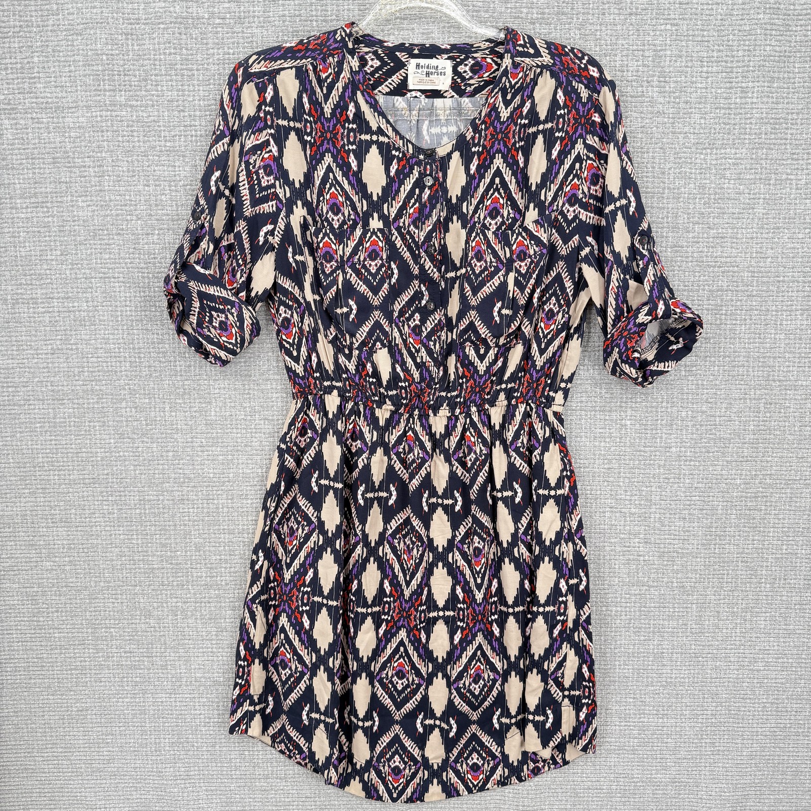 Holding Horses Dress Womens 4 Blue Geometric Roll Tab Shirt Dress Boho Tribal