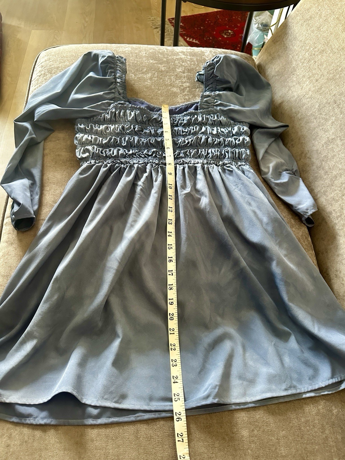 ASTR The Label Blue Dyed Smocked Puff Long Sleeve Mini Babydoll Peasant Dress L