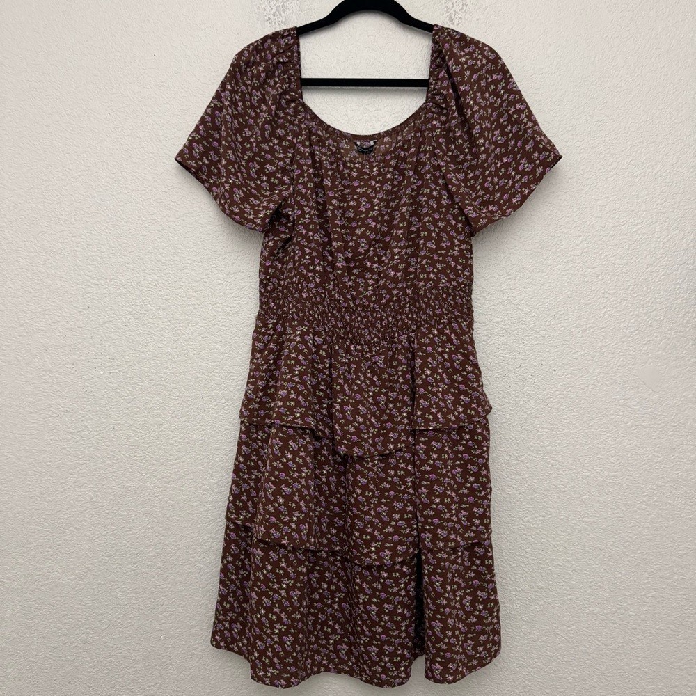 Pretty Garden Brown Floral Boho Swing Tiered Ruffle Summer Dress Size XL NWT