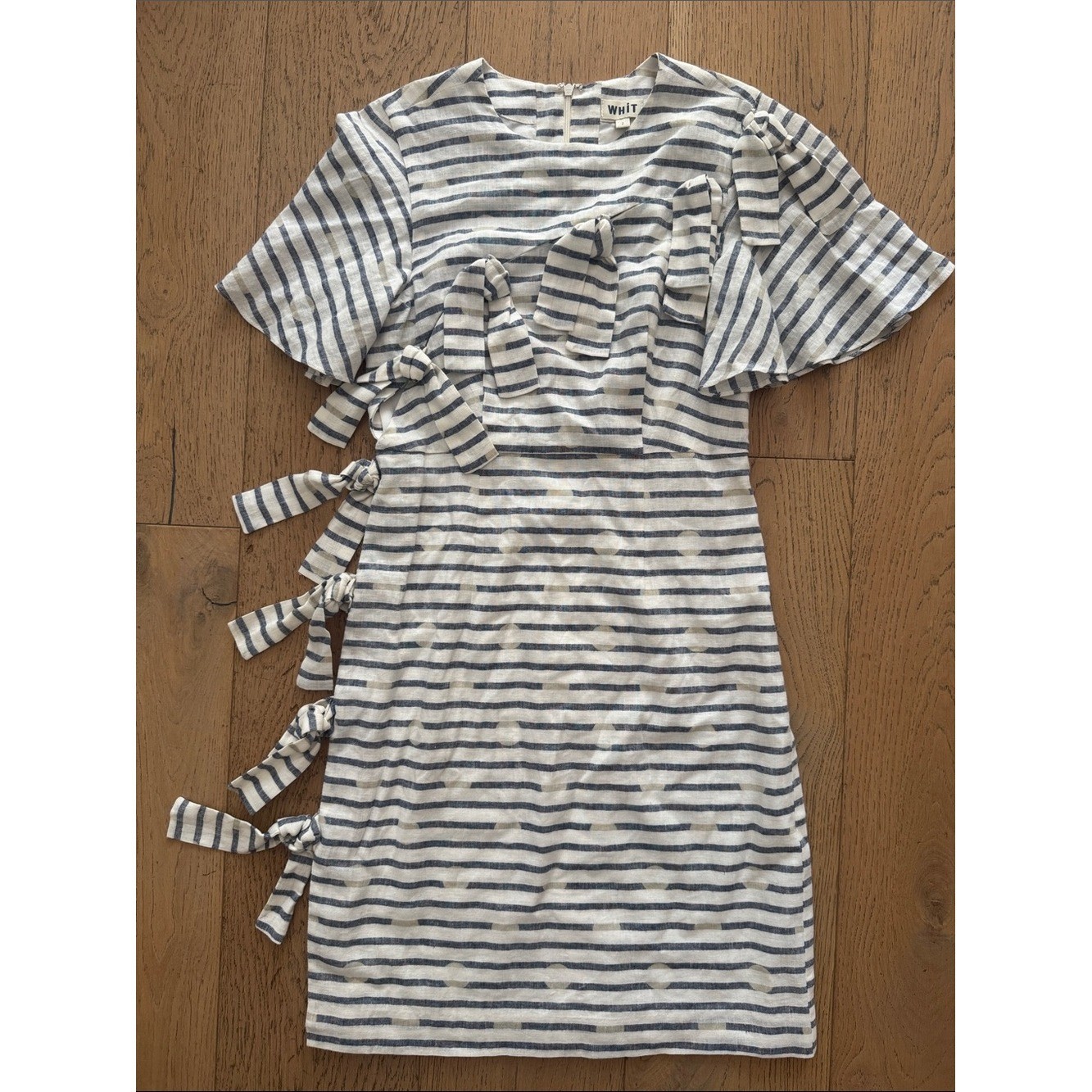 WHIT striped linen shift dress features flutter sleeves and a side tie accents