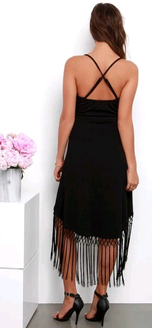 Black Fringe Wrap Cocktail Dress Stretchy M Party Boho Goth Y2K 70s Retro Disco