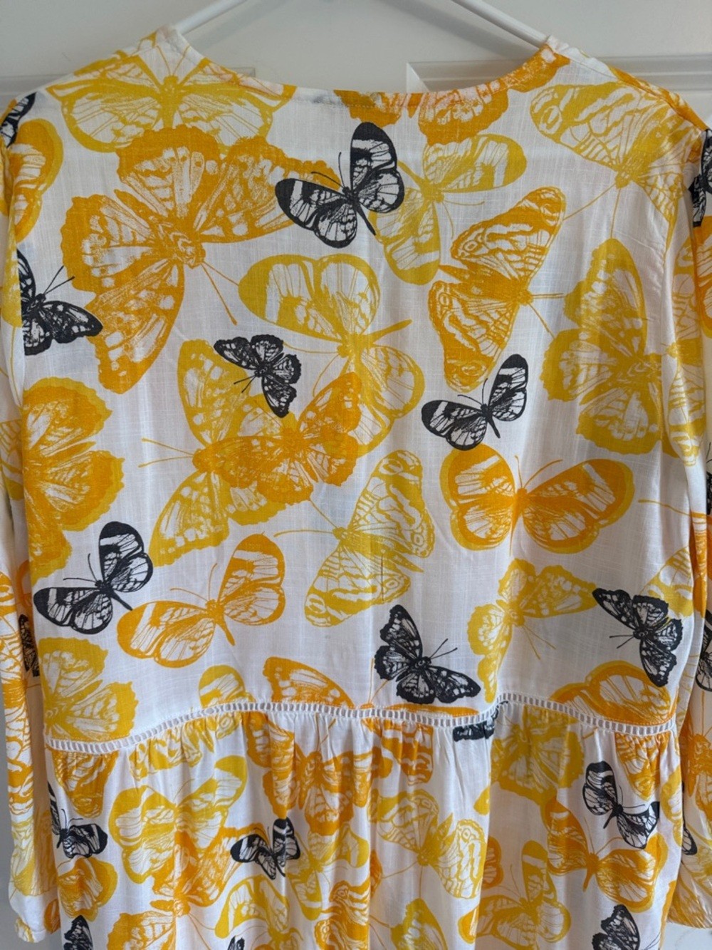 Sweet Magnolia Yellow & White Butterfly Print Tiered Midi Boho Dress Large