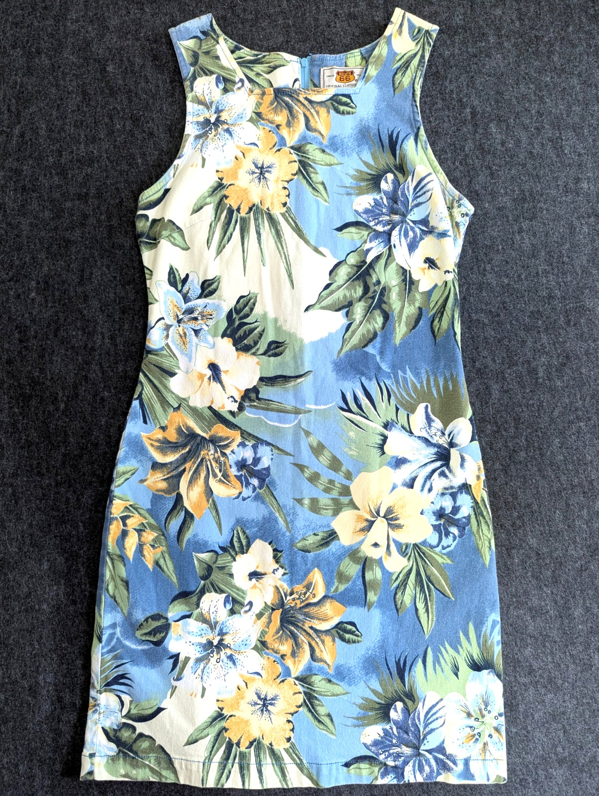 VTG Route 66 Dress Womens Sz 7/8 Blue Island Hawaiian Floral Boho Retro 80s 90s