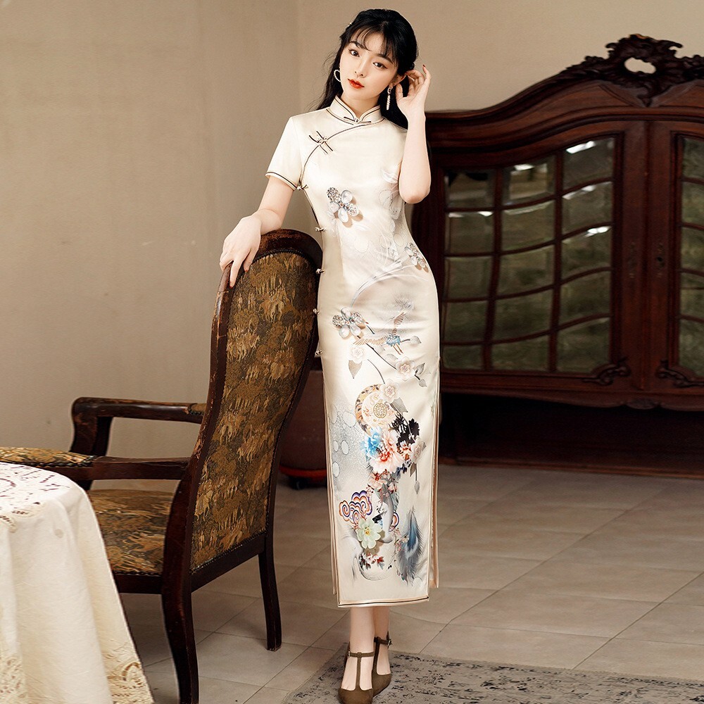 Elegant Chinese White Satin Qipao Dress with Exquisite Floral and Bird Design
