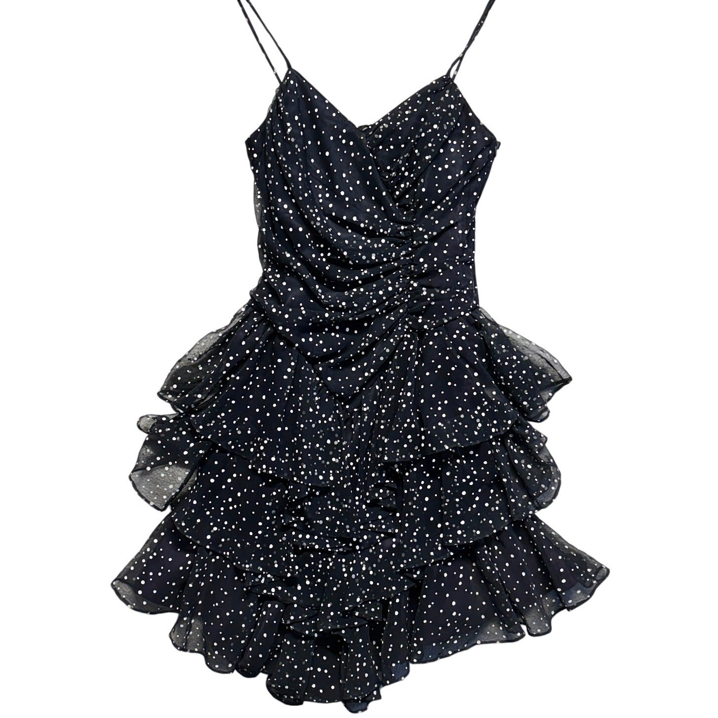 Vintage I.Magnin Mini Dress 8 Black/White Polka Dot Tiered Lace Up Ruched Party