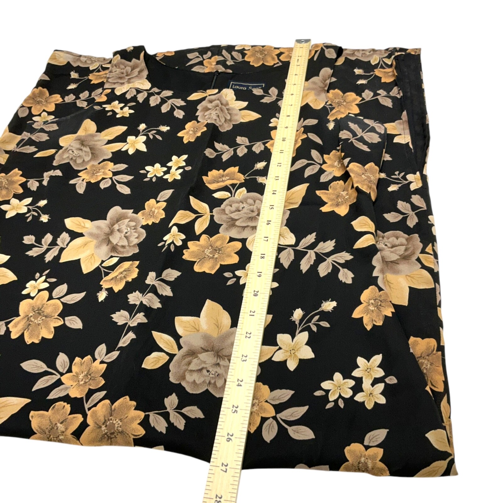 Laura Scott Dress Full Long Sleeveless Black Pencil Sz L tan Beige Floral lined