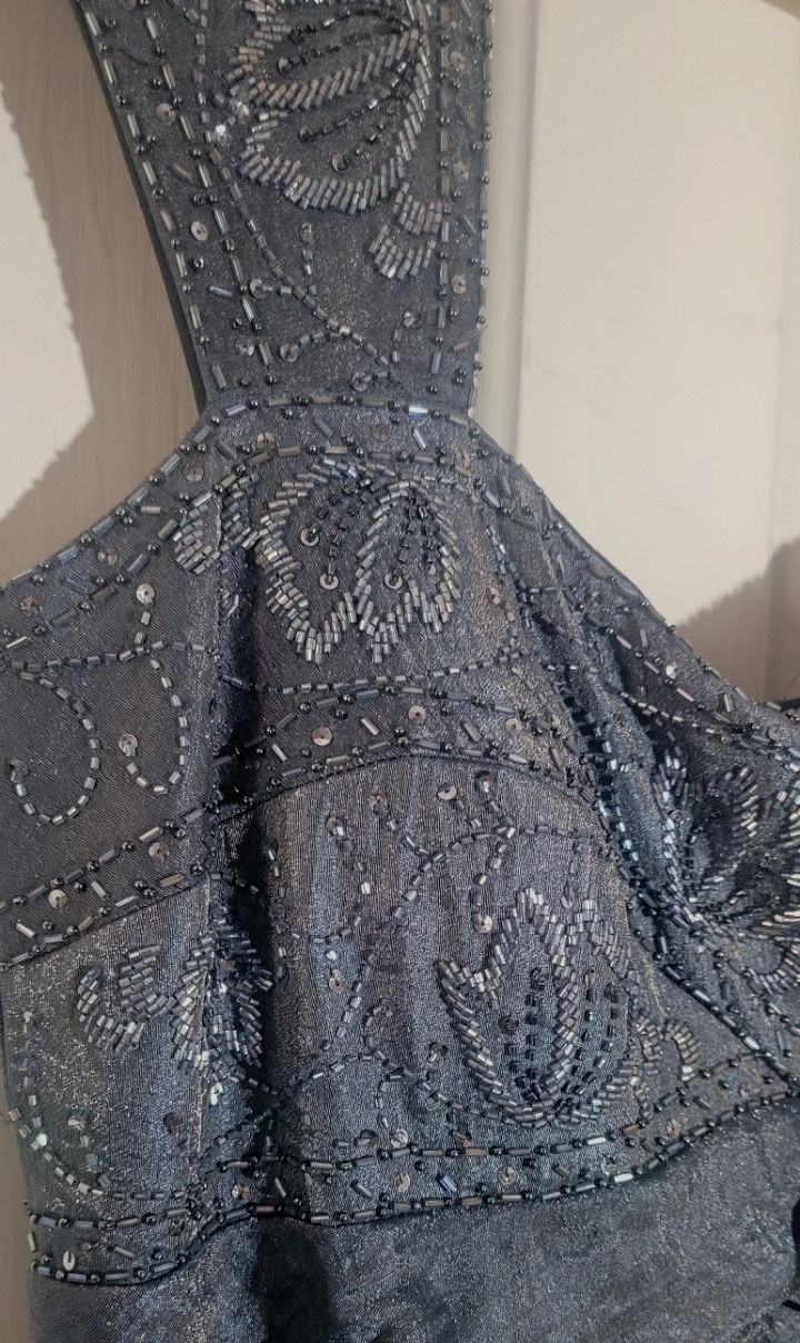 EUC Shimmering Blue Tiered Ruffle Sequins Beaded Formal Gown Dress Maxi 14 LG