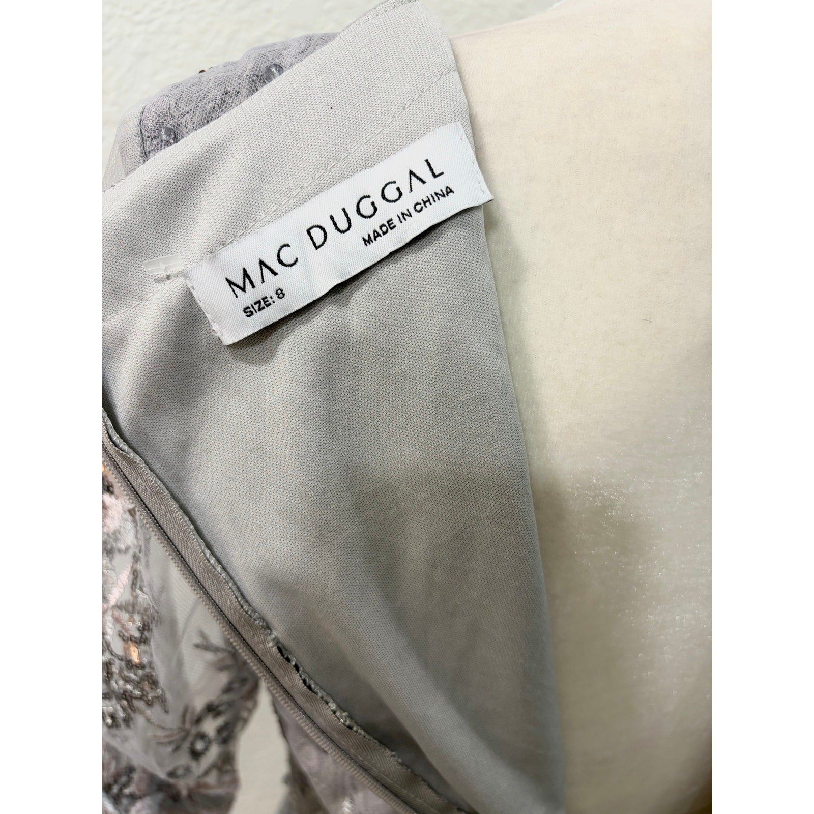 NWT Mac Duggal Gray Embroidered Illusion Evening Gown 67539 Size 8