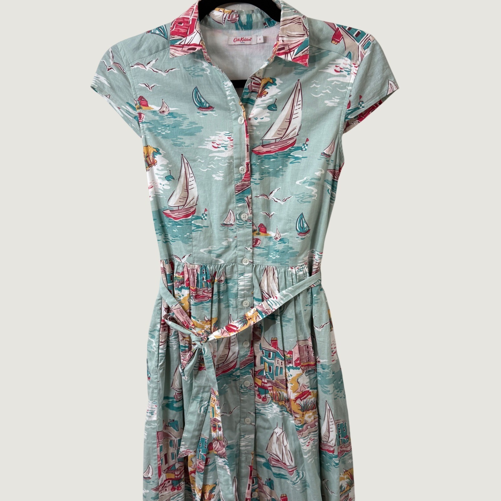 Cath Kidston London Nautical Seaside Sailboat Cotton Shirt Dress Blue Womens 6