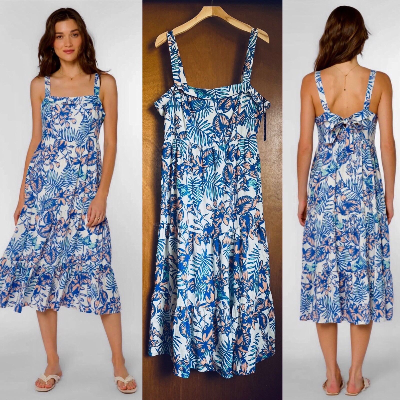 Velvet Heart Linen Blend Blue Tropical Floral Tiered Midi Summer Dress L $108