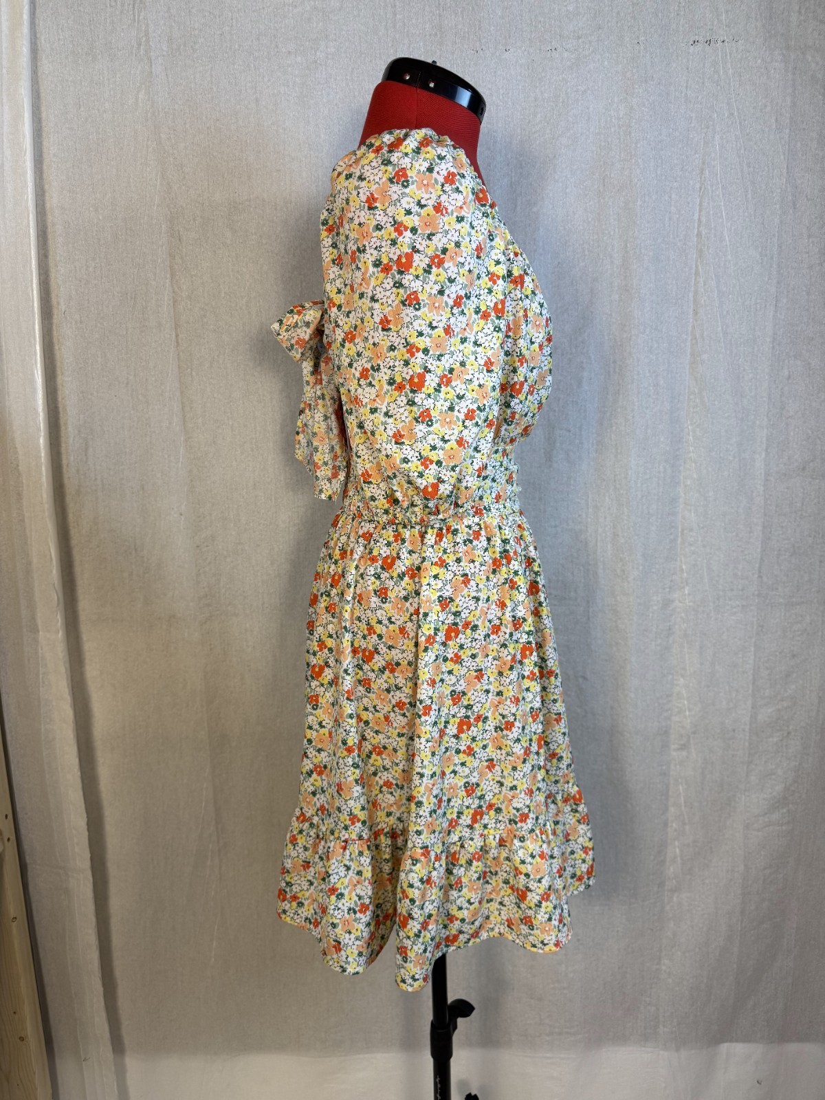 BTFBM Dress Size M Midi 3/4 Sleeve Floral Adjustable Waist Back Tie Boho D652
