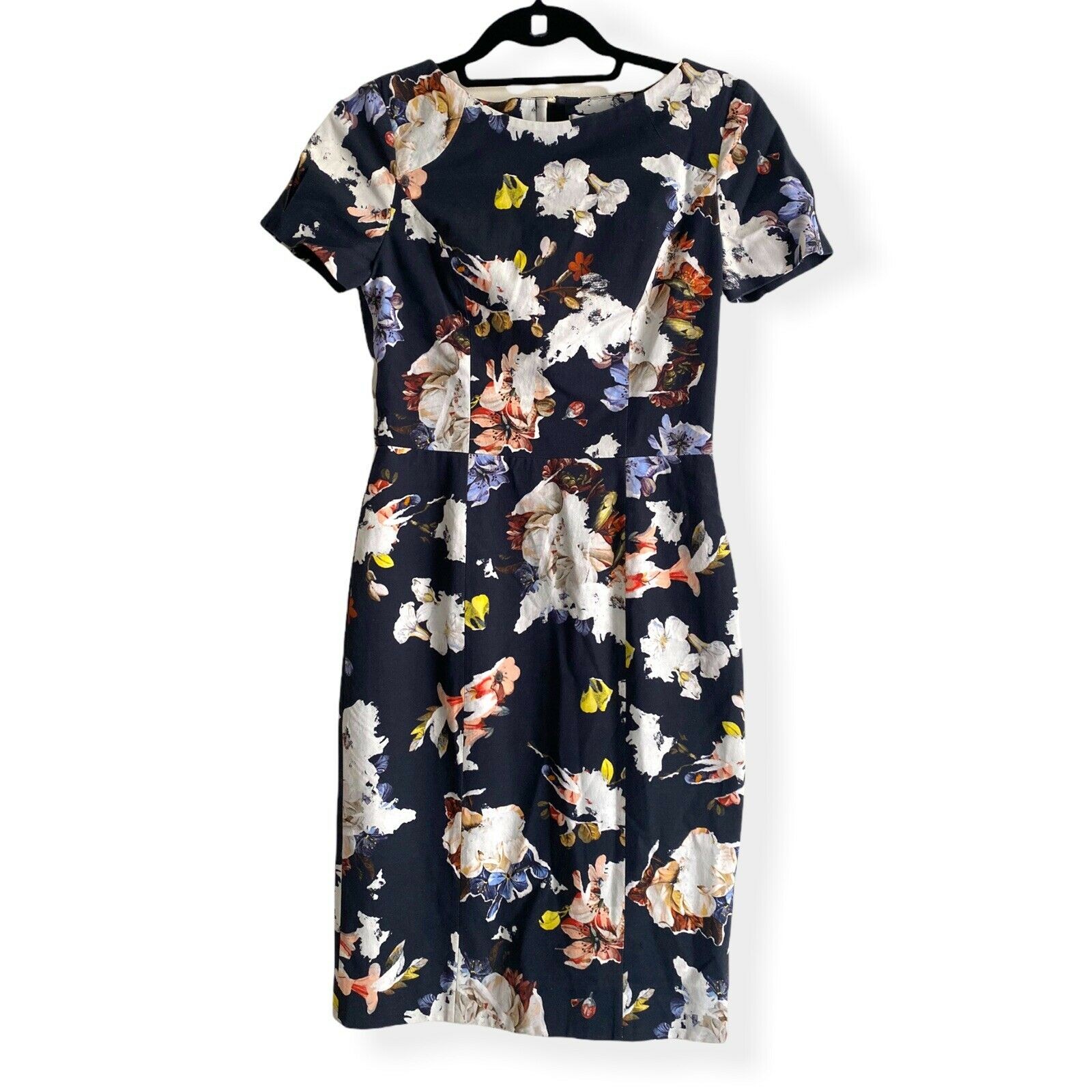 Erdem Joyce Floral Print Crepe Sheath Dress Navy Bateau Neck Designer Size 4