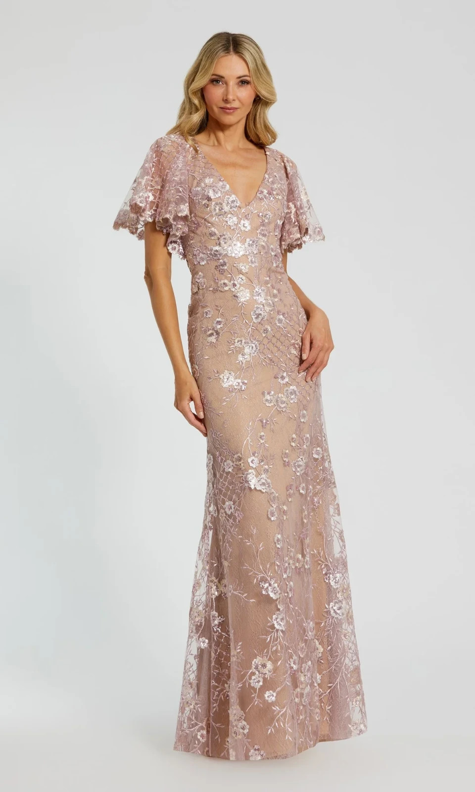 Mac Duggal Nude Rose Pink Mauve Embellished Lace V Neck Gown Size 6 $498
