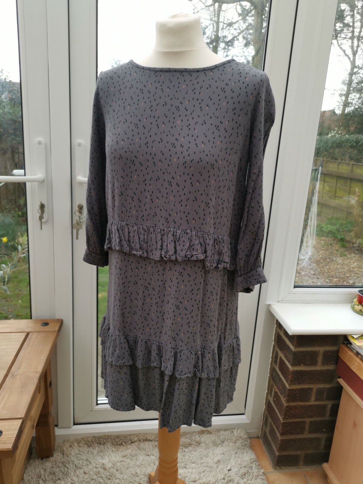 FatFace Copper And Black Grey Spot Ruffle Smock Dress Size 10