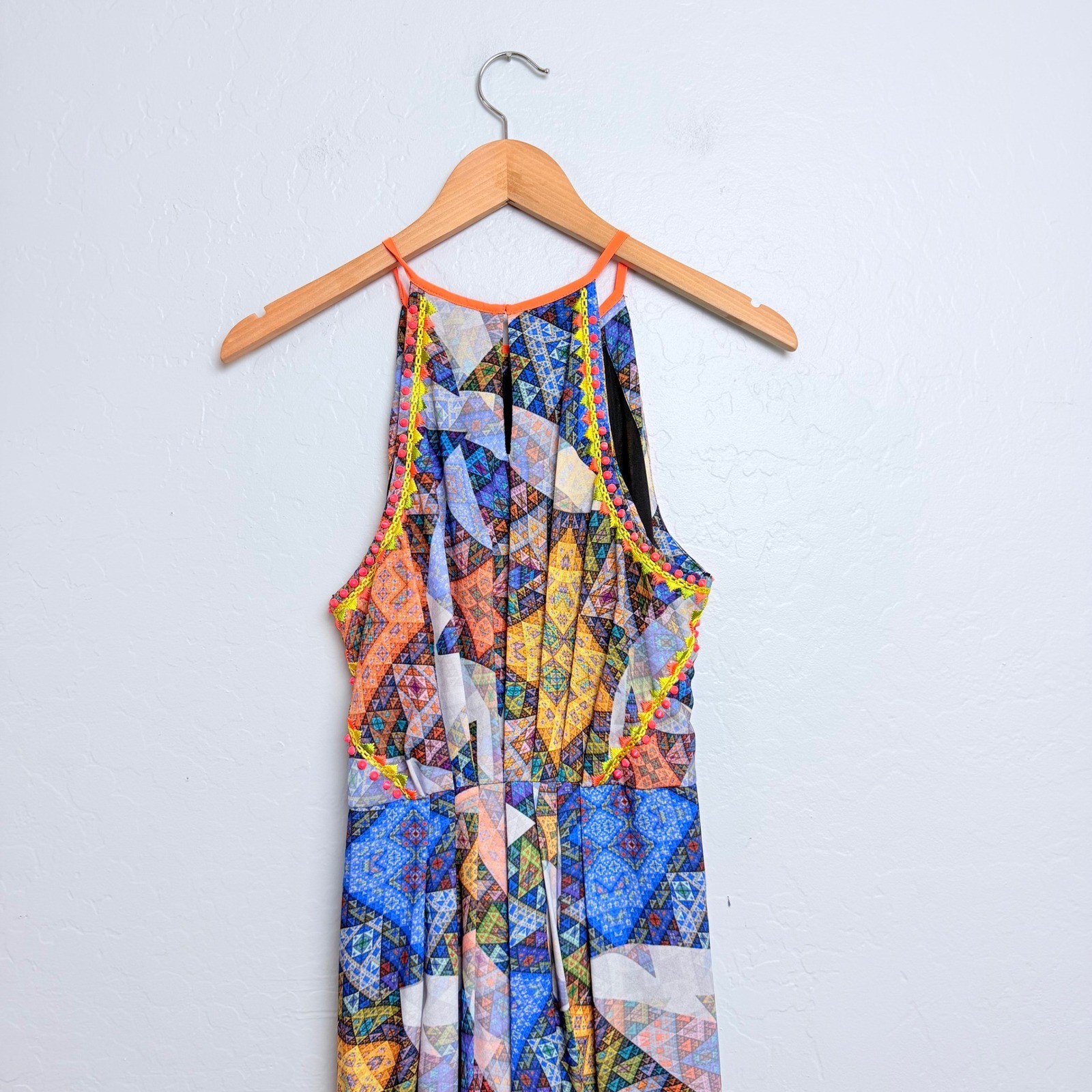 Anthropologie Ranna Gill Geometric Patchwork Pom Pom Maxi Dress Blue Orange M