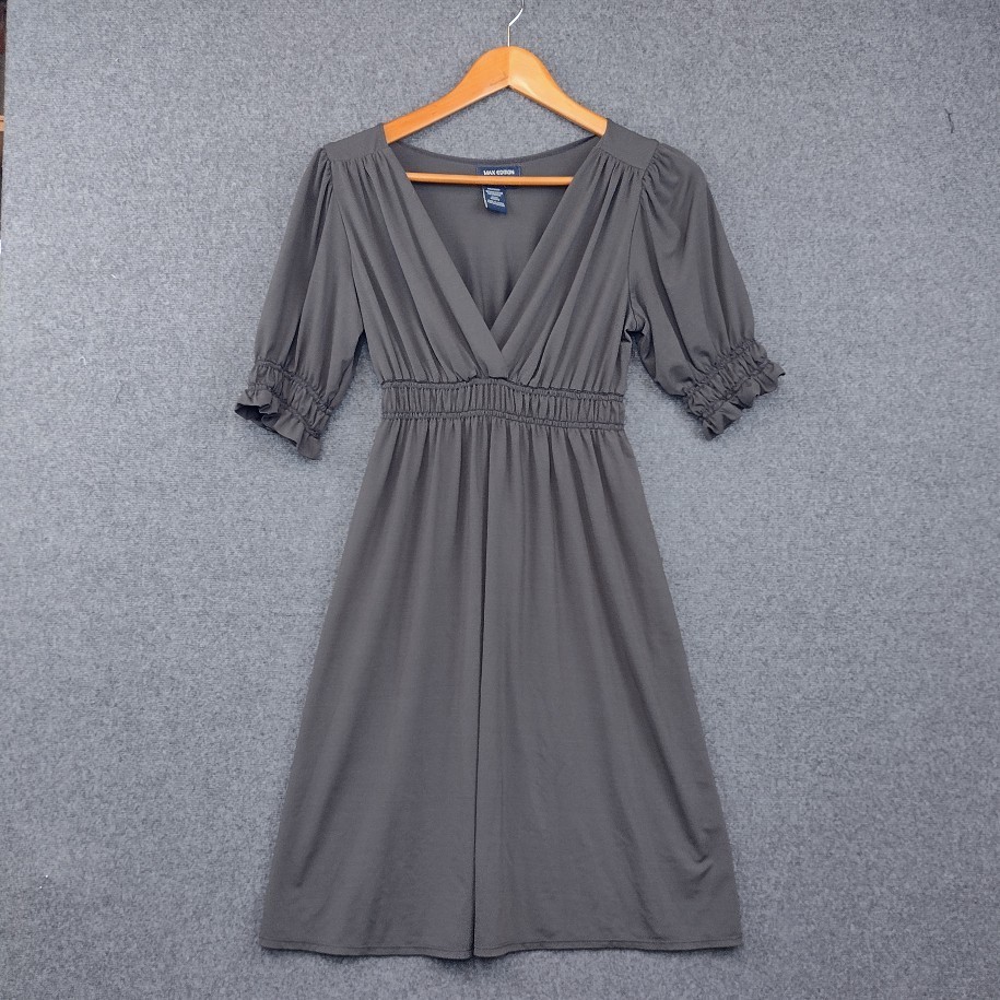 Max Edition Dress XS Gray V-Neck Short Puff Sleeve Smocked Waist Jersey Boho
