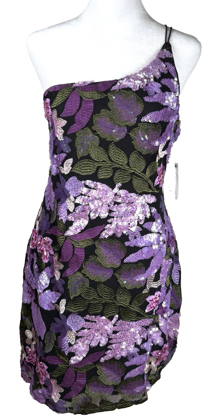 MIDNIGHT DOLL One-Shoulder Purple & Lavender Floral Sequin Embroidered Dress XL