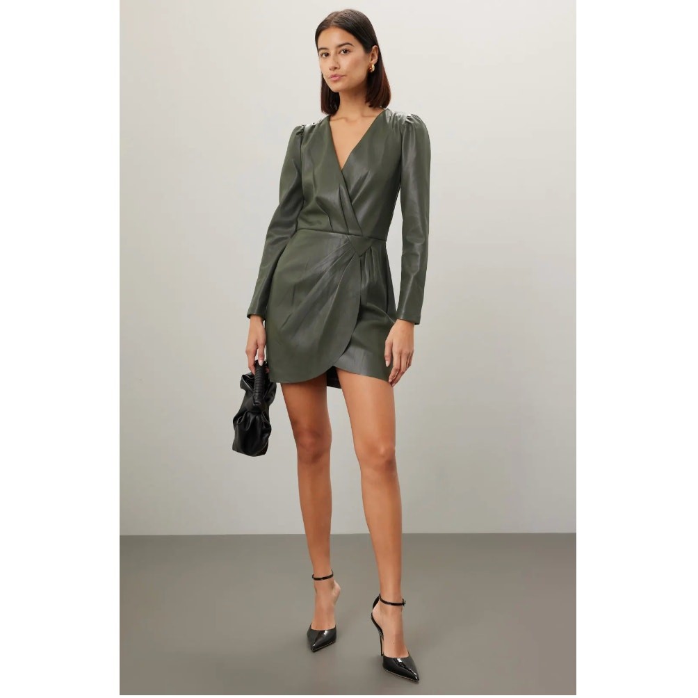 Saylor Dress Womens Small Olive Green Veronicka Faux Leather Mini V Neck Wrap