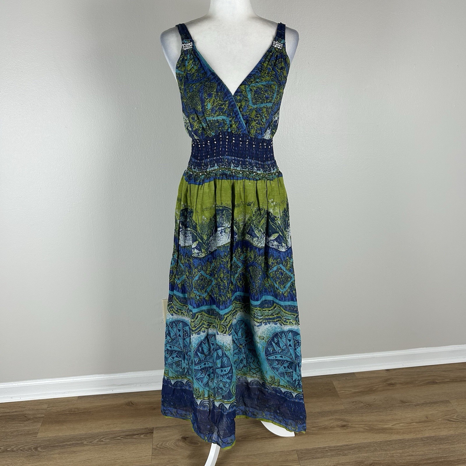 Large Maxi Dress Beaded Hippie Surplice Babydoll Paisley Gypsy Boho Smocked Blue