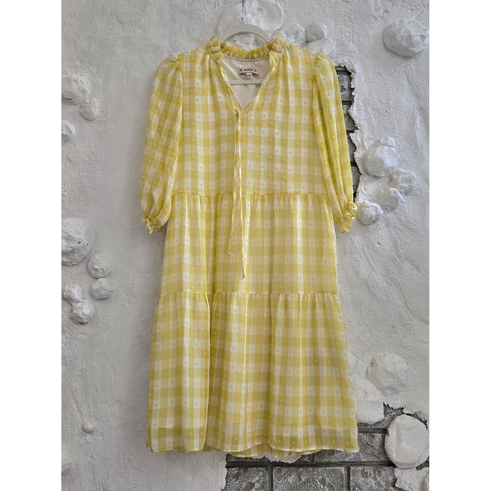Nanette Lepore Yellow Gingham Clip Dot Tiered Midi Dress Womens Size 2