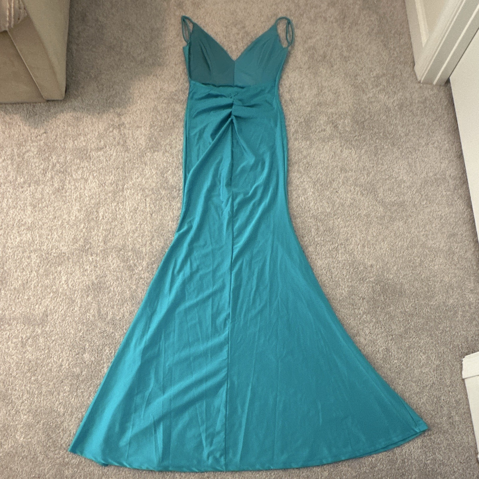 Fashion Nova Blue Solid Silk Blend V-Neck Maxi Dress Spaghetti Straps S