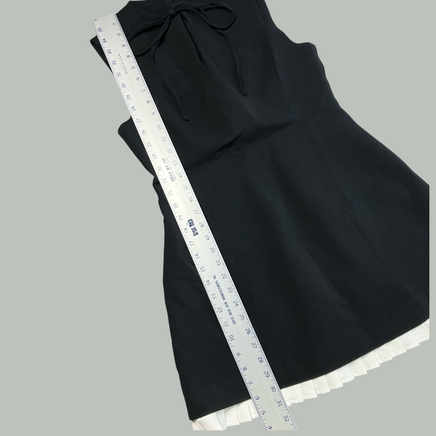 Commense Womens L Black Bow Neck Mini Dress White Pleated Hem Sleeveless Preppy