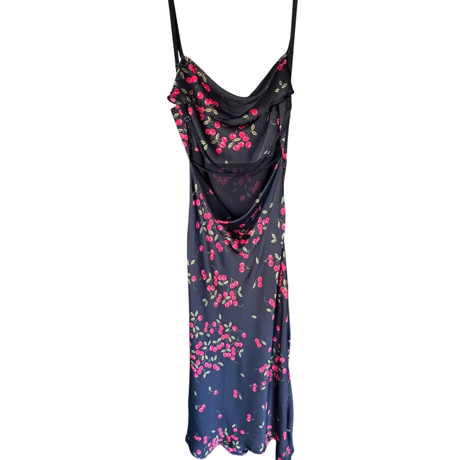 VICI Black Cherry Print Cowl Neck Maxi Dress Medium Open Back Side Slit Summer
