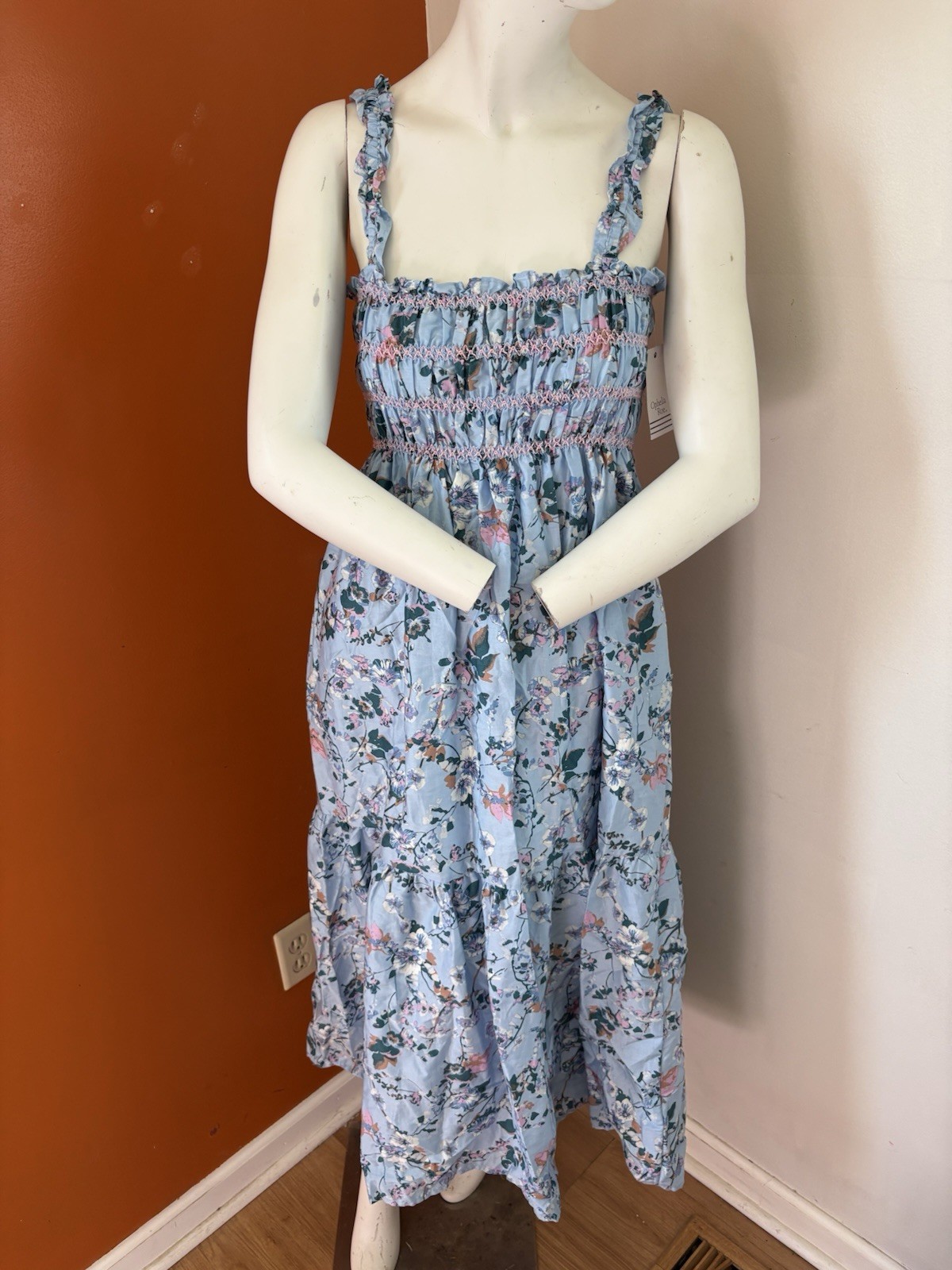 Ophelia Roe Blue Floral Midi Dress with Smocked Ruffle Straps (Size M)