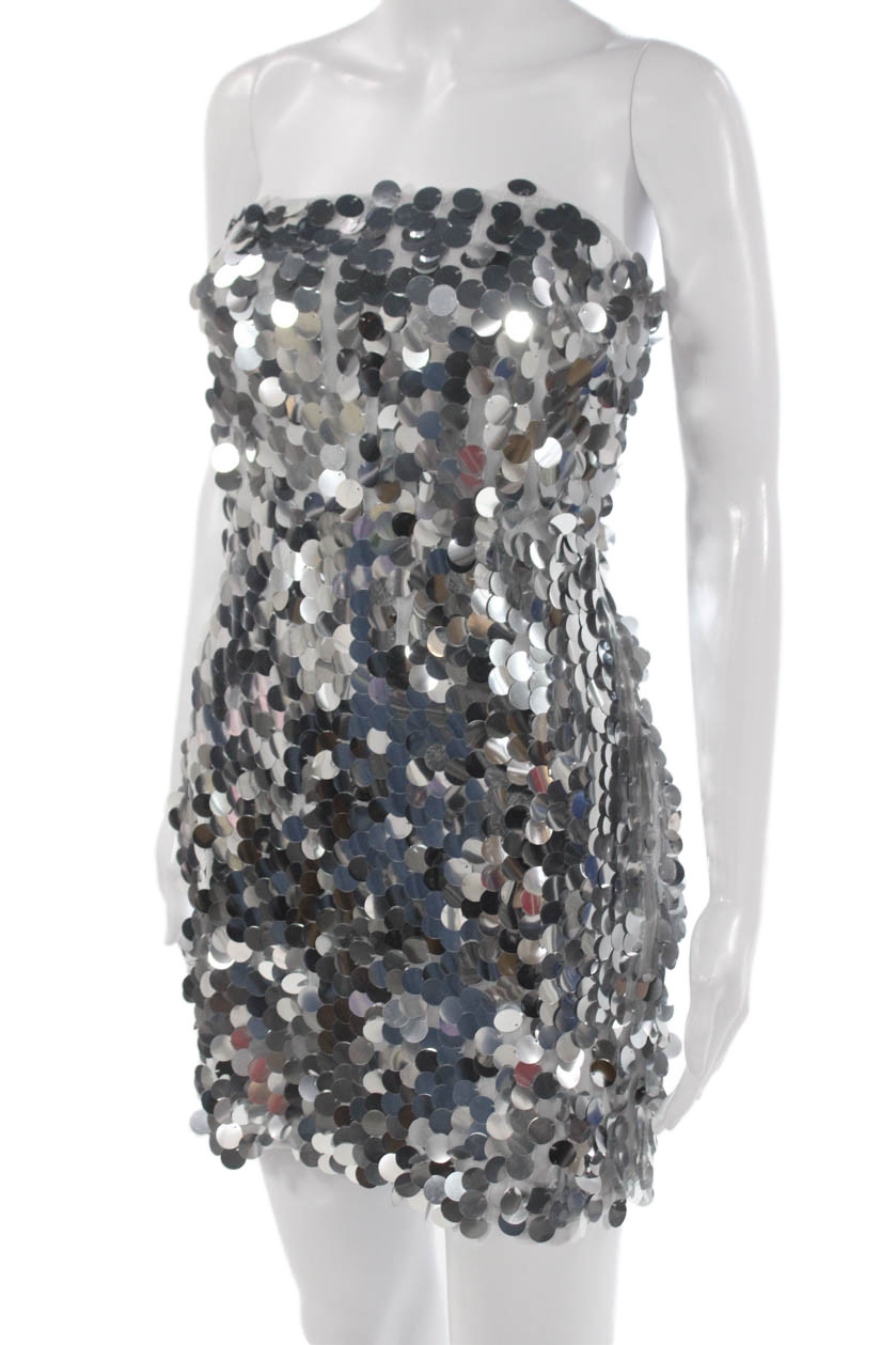 12th Tribe Womens Bodycon Silver Strapless Dress Polyester Sleeveless Size S