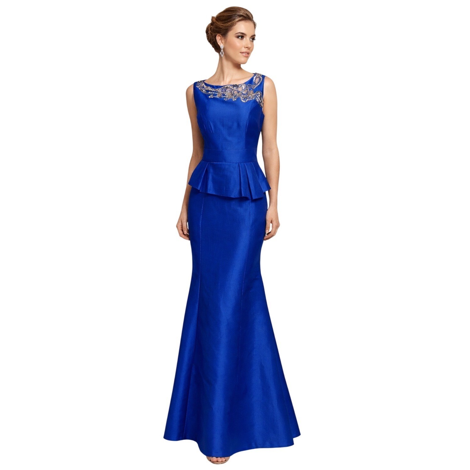 THEIA Royal Blue Beaded Neckline Peplum Gown Mermaid Skirt Formal Event Size 4