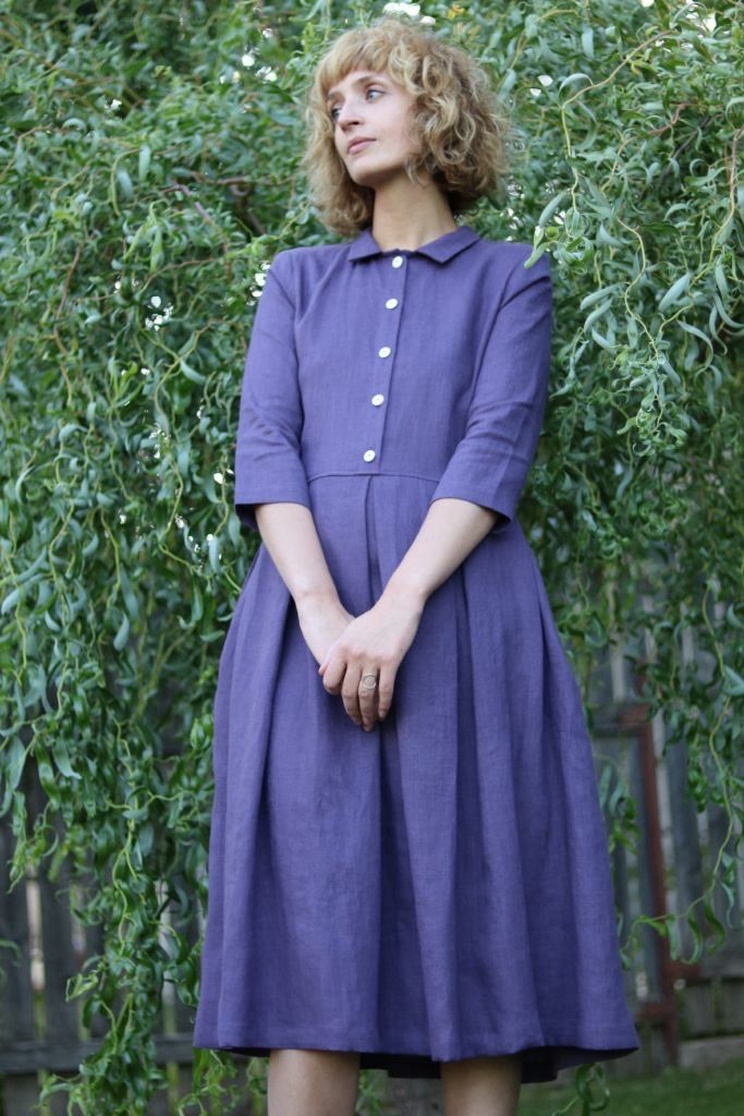 Offon Pleated Skirt Linen Midi Dress in Eggplant Sz Medium