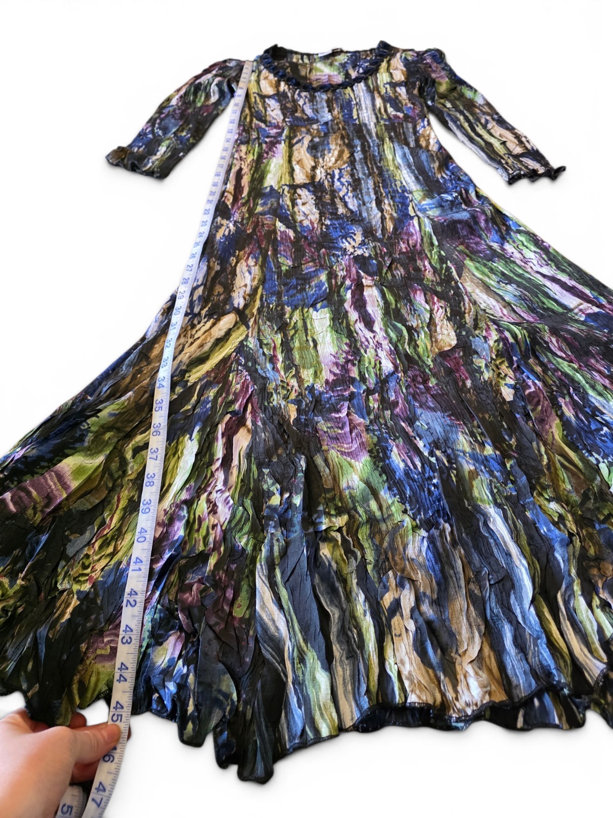 NWT Alberto Makali Pleated Midi Dress M Blue Green Abstract Beaded Velvet Trim