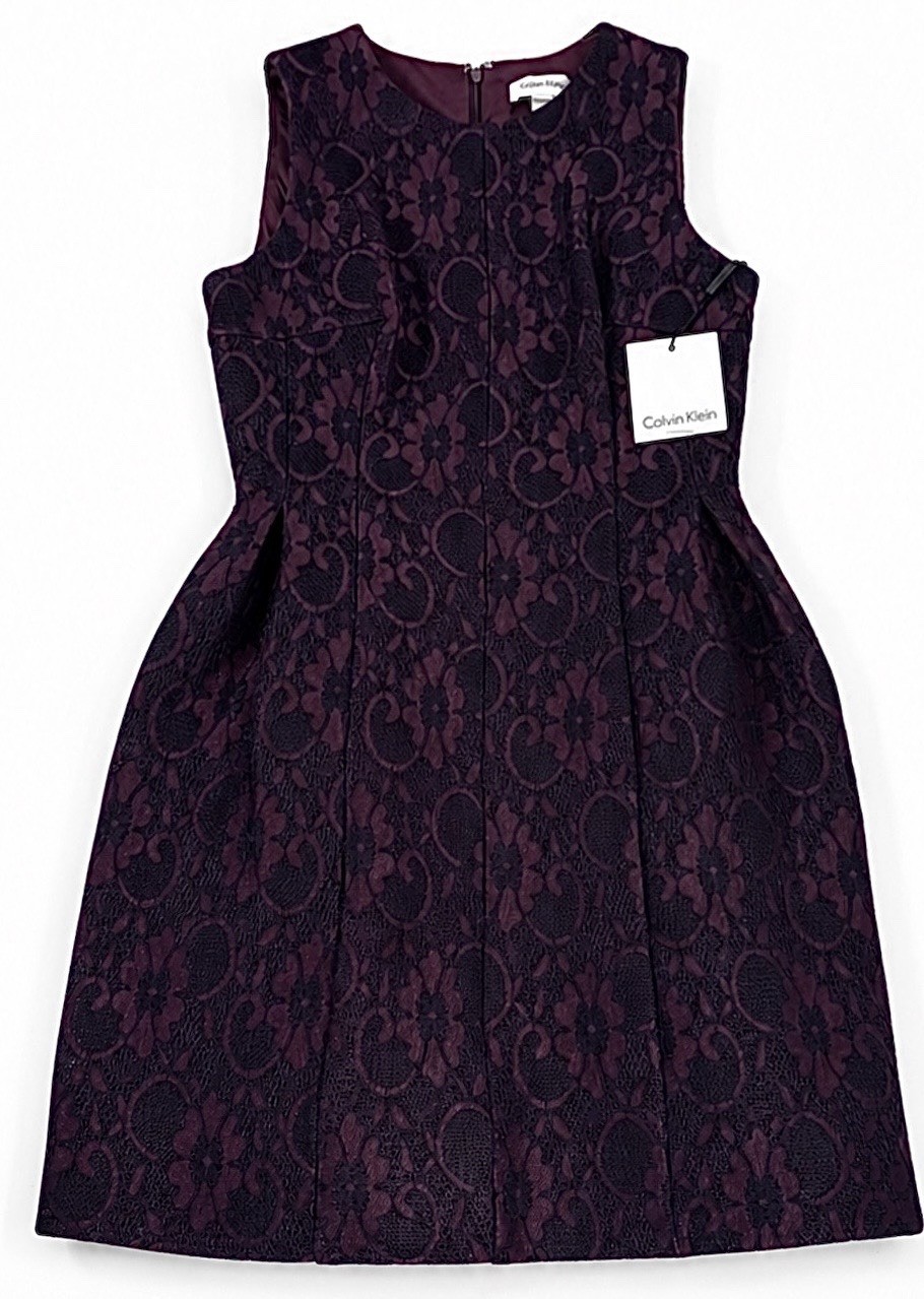 Calvin Klein Dress Size 6 Petite Aubergine Purple A-Line Lace Goth Elegant NWT